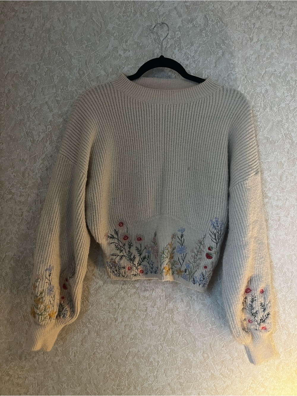 Cider Cream Cropped Crewneck Sweater with Floral Embroidery